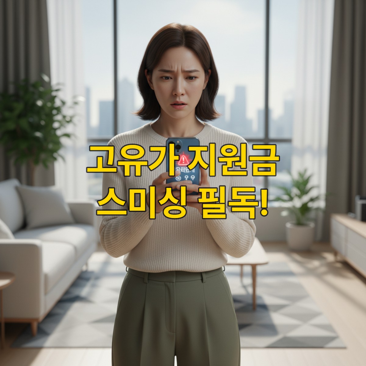 스마트폰에 사기 의심 문자를 보고 불안해하는 한국 여성