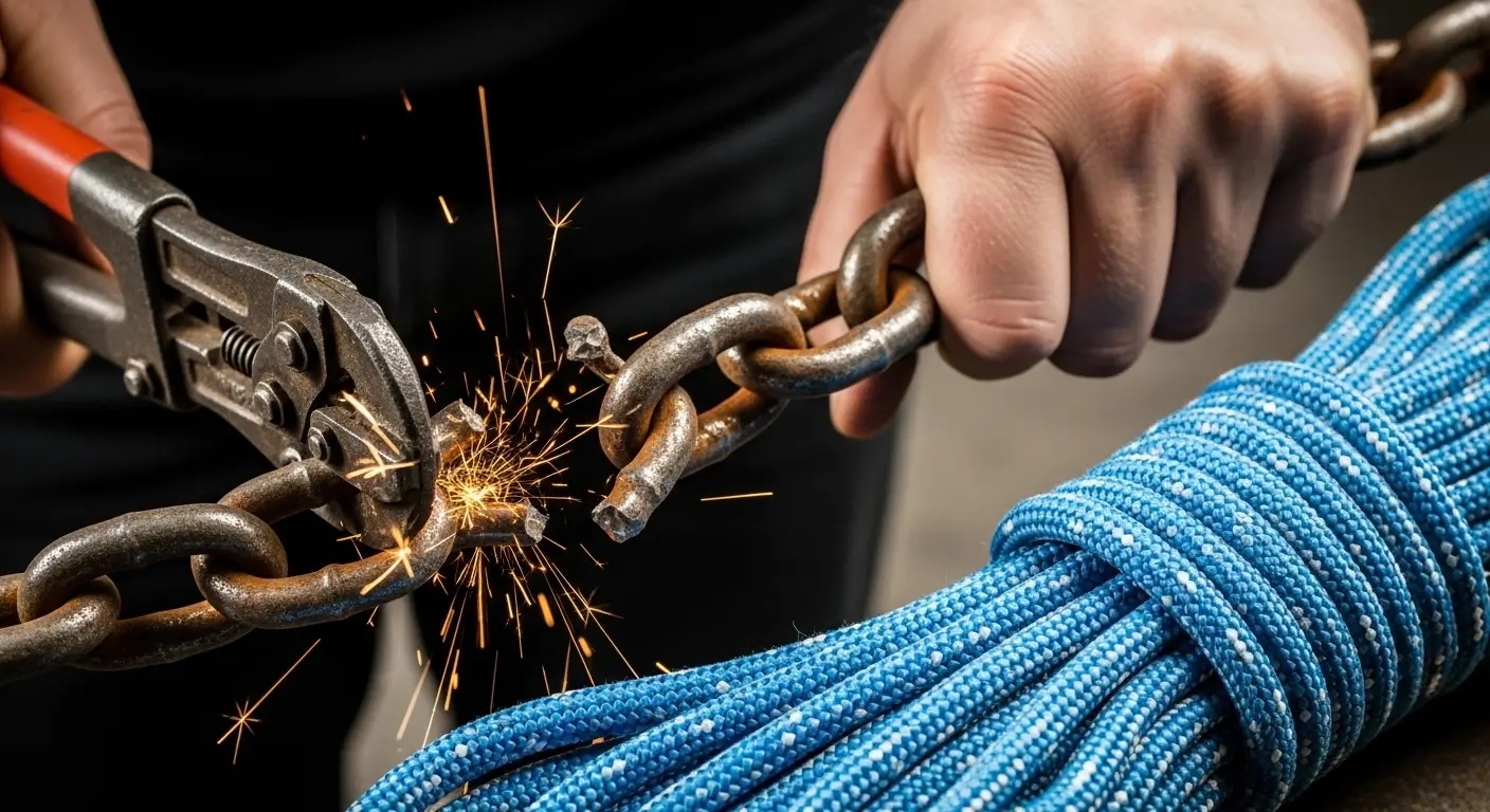 무거운 고금리 대출 사슬을 끊고 가벼운 저금리 상품으로 갈아타는 것을 상징하는 이미지