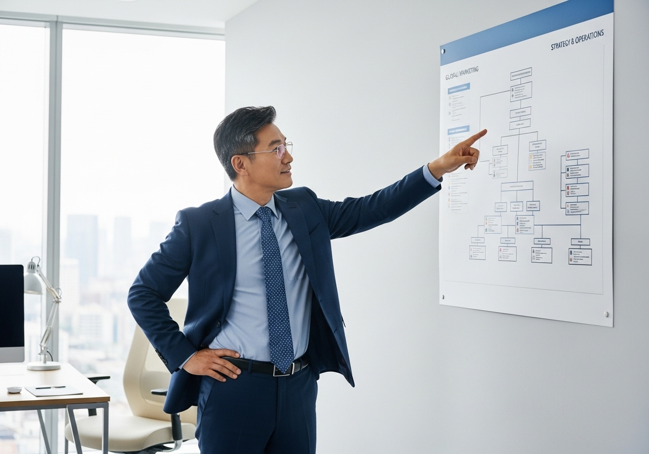 벽에 걸린 조직도를 가리키는 50대 한국 남자 임원