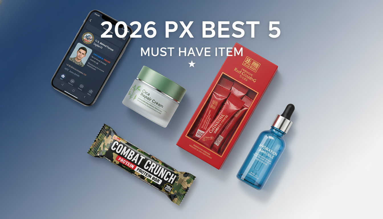 2026년 최신 예비군 PX 필수 추천템인 시카 크림, 홍삼 스틱, 단백질 바가 예쁘게 배치된 모습
