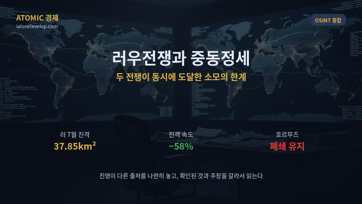 러우전쟁과 중동정세 OSINT 종합 분석 러시아 7월 진격 37.85제곱킬로미터 진격속도 58퍼센트 둔화 호르무즈 해협 폐쇄 유지 일러스트