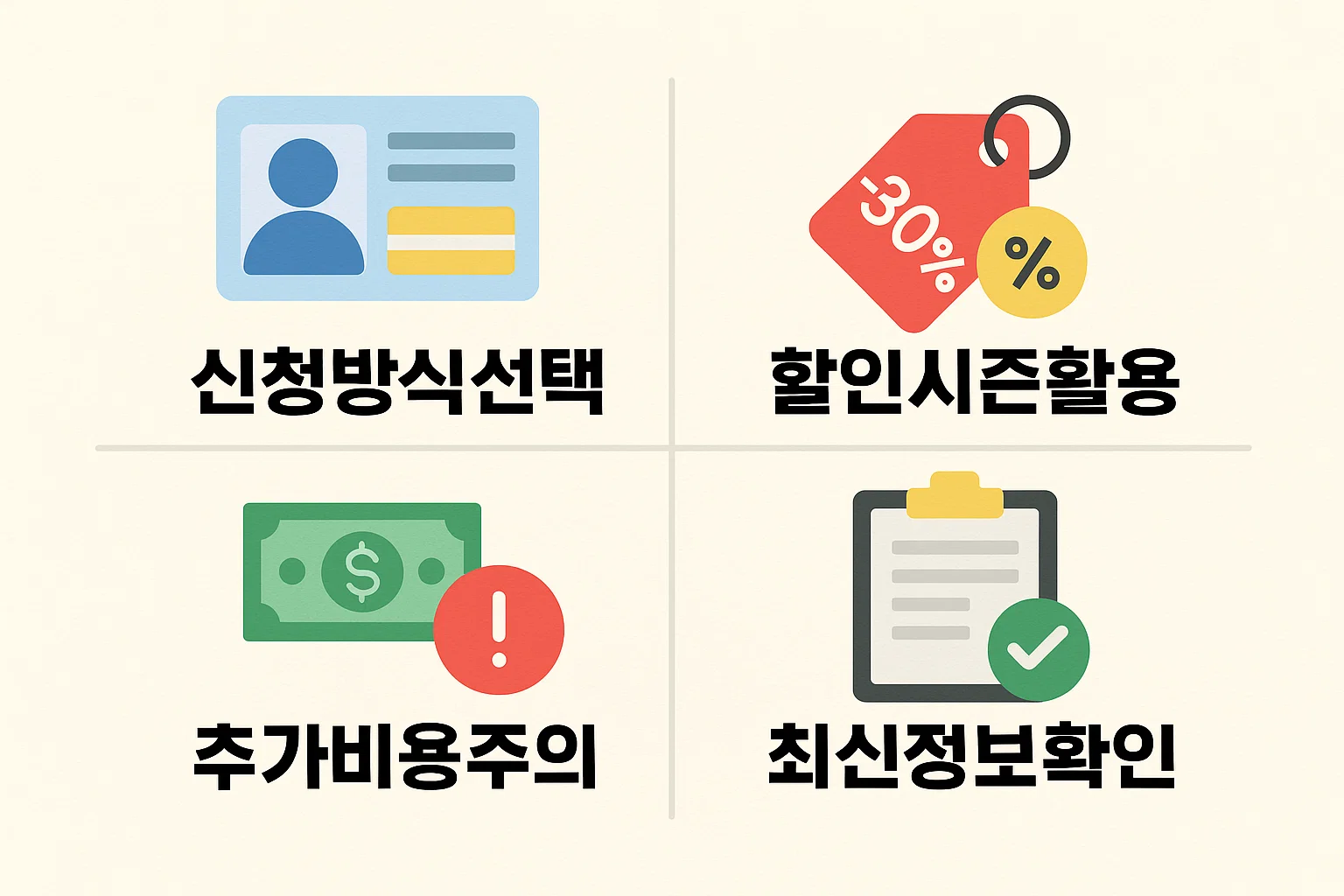 신청방식 선택, 할인시즌 활용, 추가비용 주의, 최신정보 확인 등 운전면허증 갱신 시 비용을 아끼기 위한 팁을 정리한 인포그래픽. 합리적인 갱신을 위한 실전 절약 가이드 이미지.