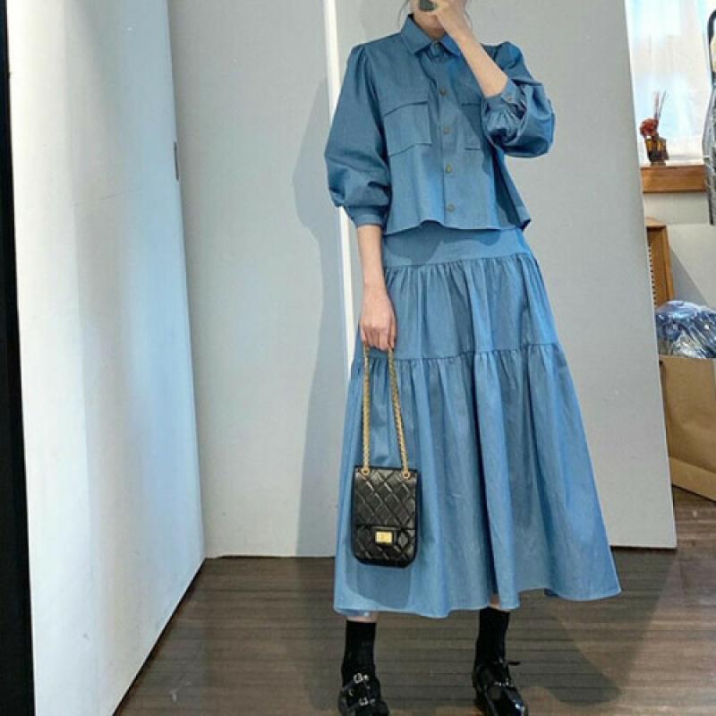 슈팅스타 슬리브 셔츠 하이웨스트 스커트 투피스 세트 138890