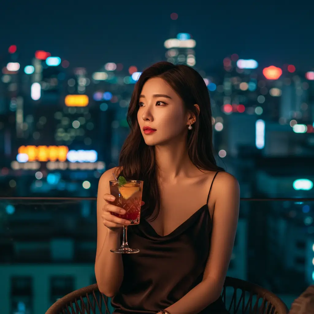 화려한 서울의 야경이 펼쳐지는 고급 루프탑 바, 세련된 드레스를 입은 매력적인 한국 여성이 칵테일 잔을 들고 자신감 있는 표정으로 미래를 그리듯 먼 곳을 응시하는 모습