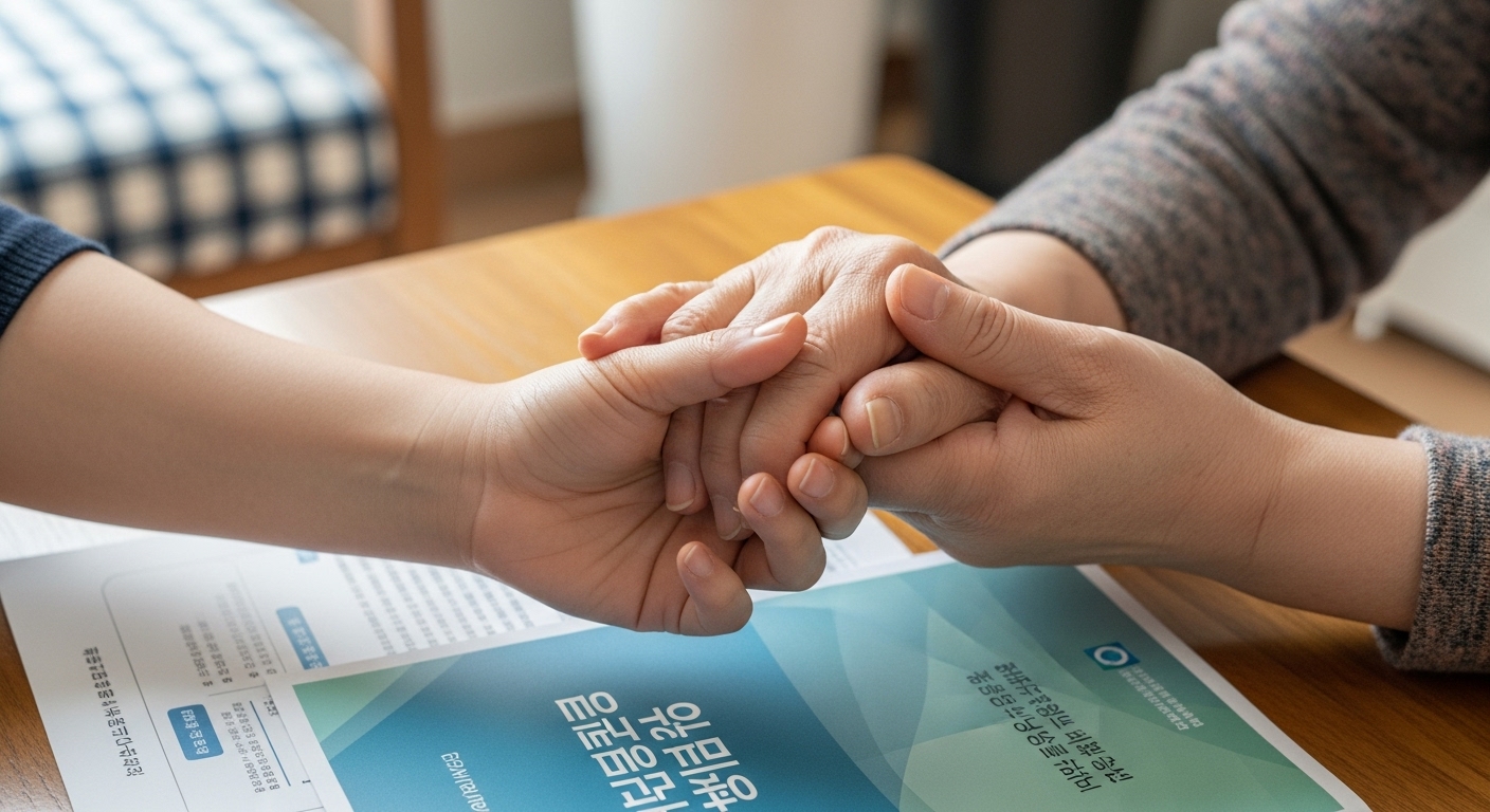 심리 상담 안내서 위에서 따뜻하게 손을 맞잡고 있는 어르신과 자녀의 손, 가족의 지지와 유대를 상징합니다.