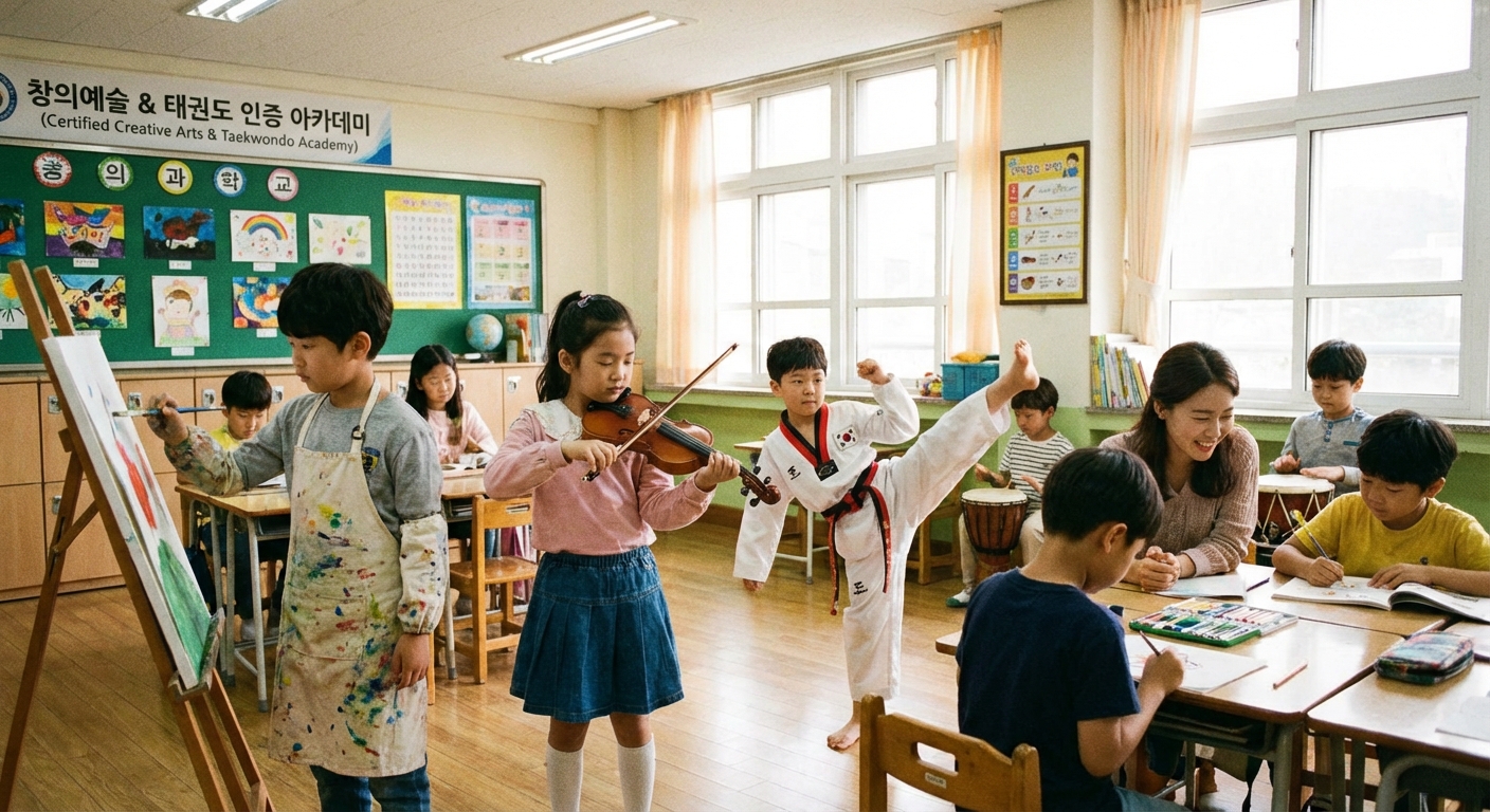 아이들이 미술, 음악, 태권도 등 예체능 활동을 하는 활기찬 학원 교실 모습.
