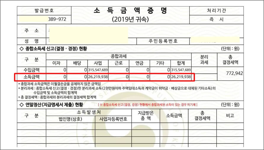 소득금액증명 발급내역