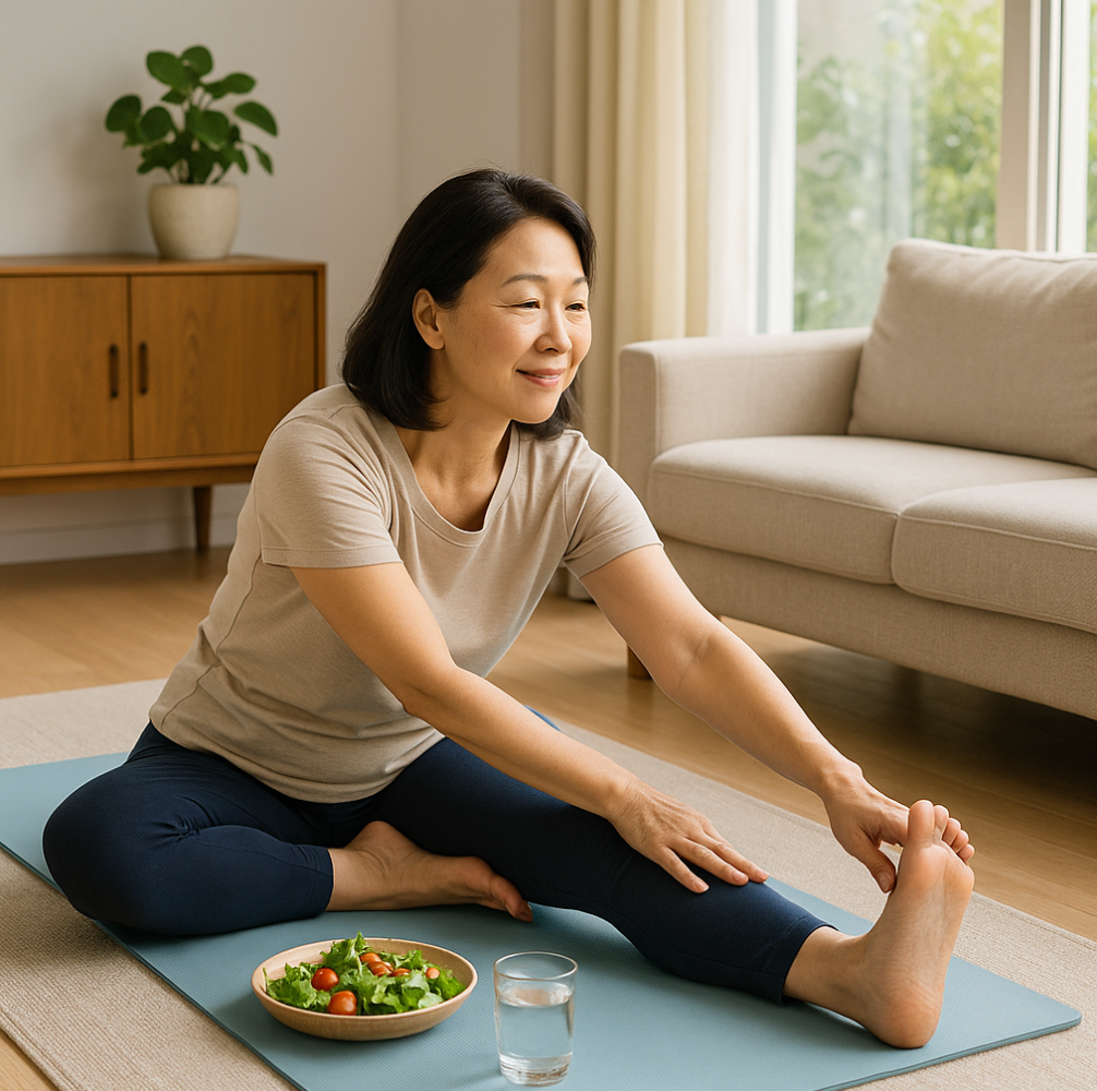 중년 여성이 스트레칭 하는 사진