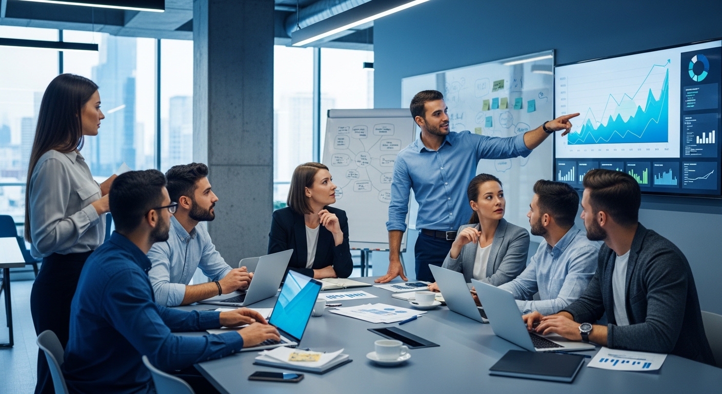 협업 공간에서 취업 및 창업 아이디어를 논의하는 젊은 사업가들.