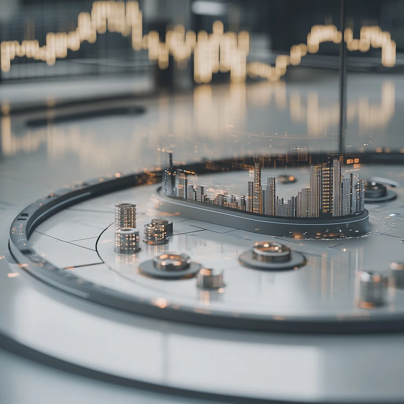 미래지향적인 환경에서 매월 배당 옵션을 강조하며 연금 테마형 ETF 투자법을 보여주는 거래 플랫폼, 전문성과 혁신성을 느끼게 하는 장면