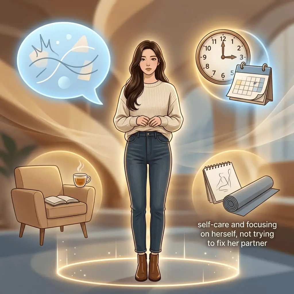 회피형 연애(Avoidant Relationship)와 가스라이팅 대처법 속 자기 돌봄과 관계 경계 설정을 표현한 장면