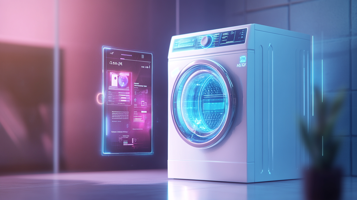 인공지능이 탑재된 세탁기가 스마트폰 앱과 연동되는 모습을 보여주는 일러스트. 앱 인터페이스에는 세탁 사이클과 에너지 효율성 데이터가 표시되어 있으며, 미래 지향적이고 혁신적인 디자인이 특징입니다.