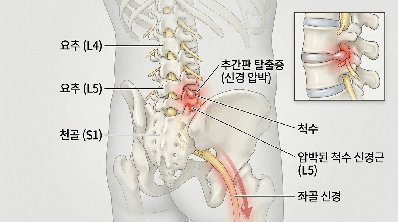 요추 L4-L5 부위의 추간판 탈출로 인한 신경 압박과 좌골 신경통 유발 경로