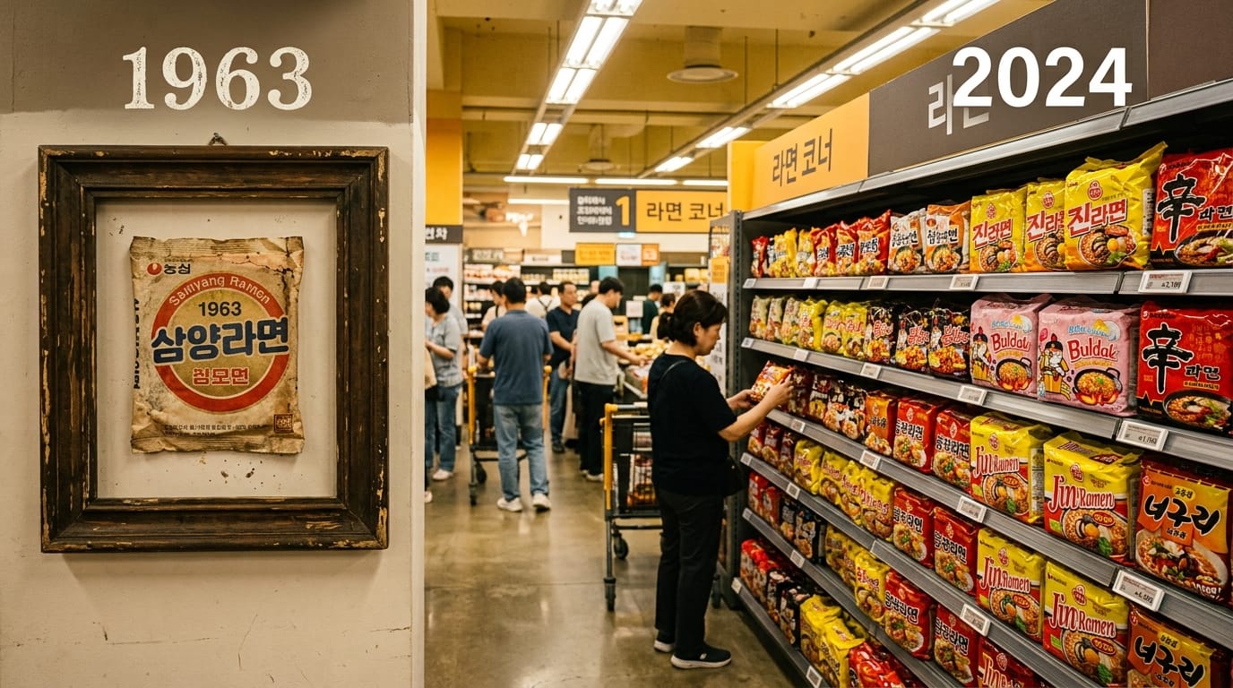 현대 마트 라면 매대와 1963년 삼양라면을 대비한 이미지