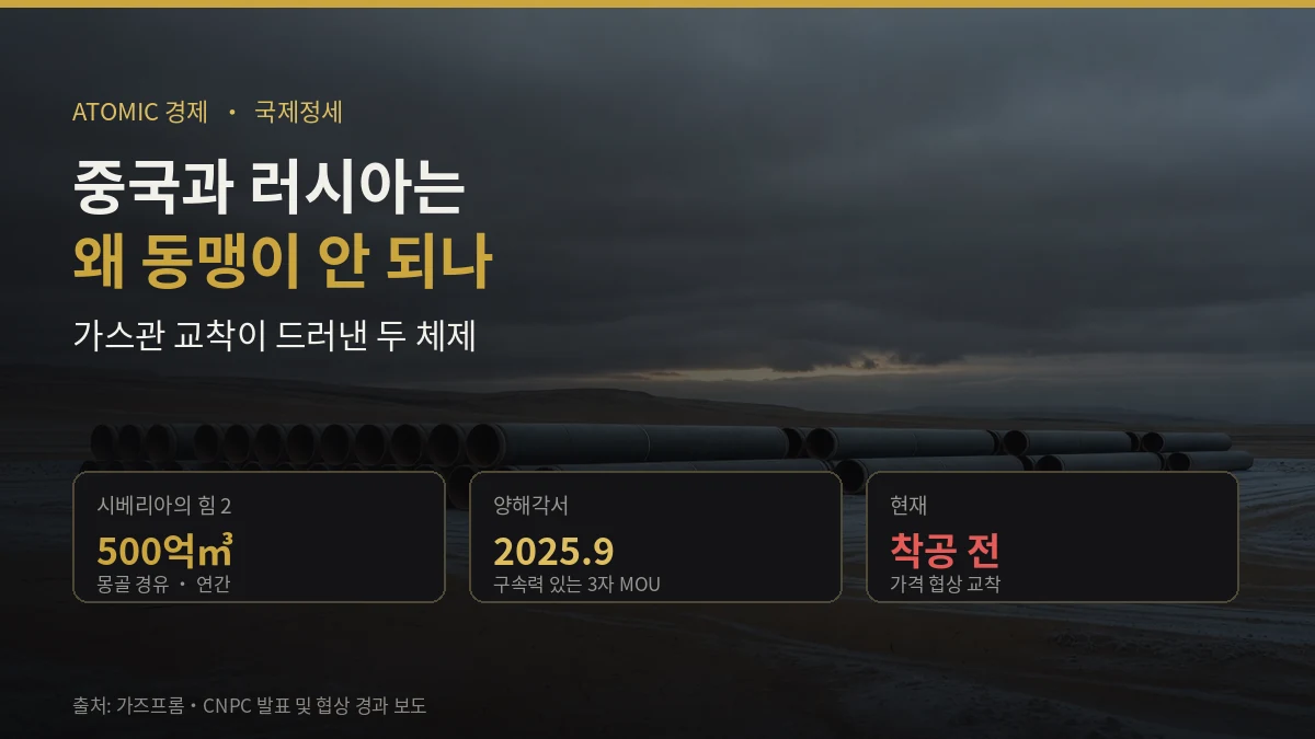 몽골을 지나는 연 500억 세제곱미터 가스관 양해각서를 맺고도 가격 때문에 착공하지 못한 중국과 러시아 관계를 다룬 일러스트