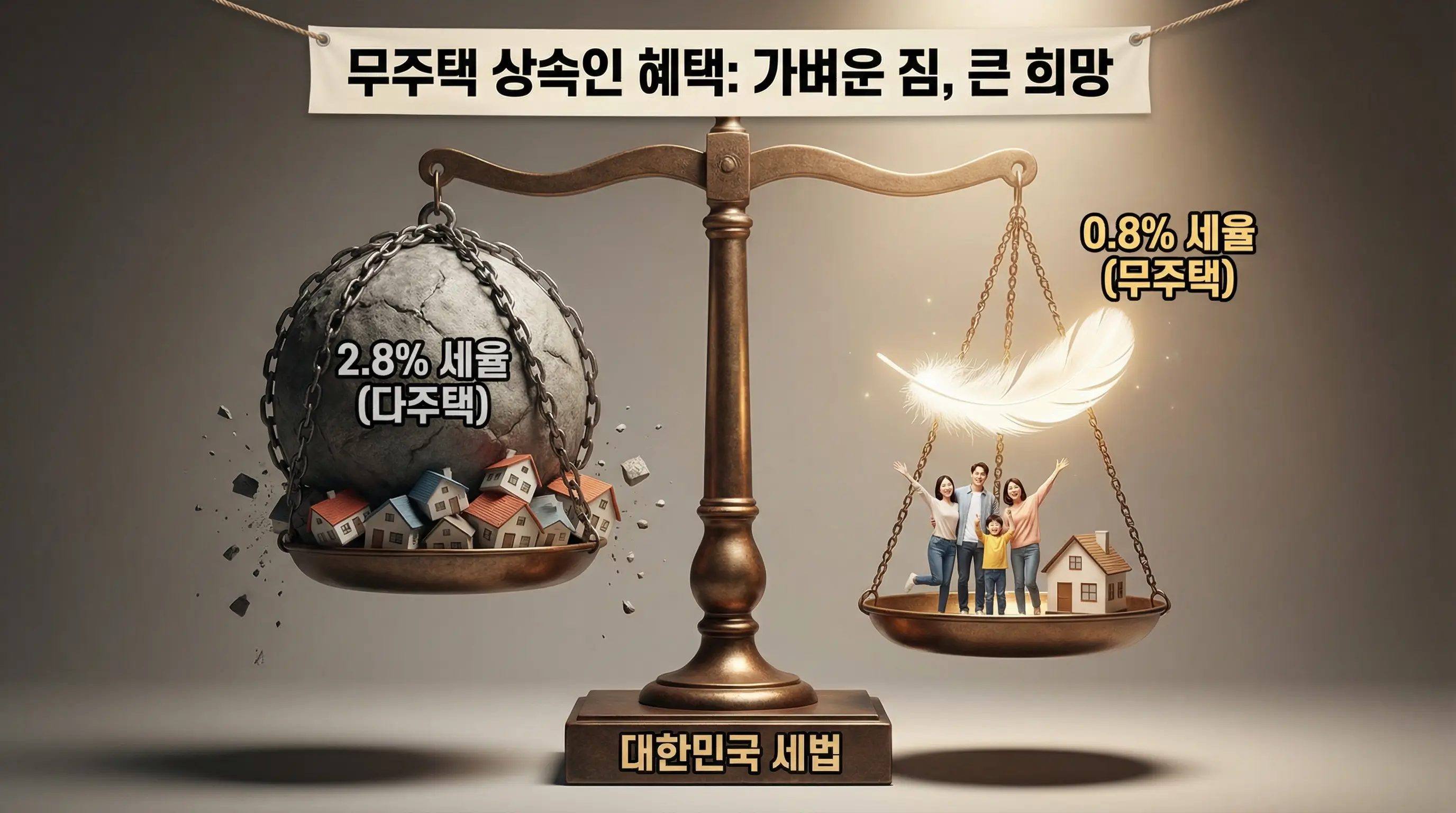 2.8% 세율이 적힌 무거운 짐과 0.8% 세율이 적힌 가벼운 깃털을 저울에 올려 비교하는 이미지입니다. 무주택 상속인의 혜택을 시각적으로 강조합니다.