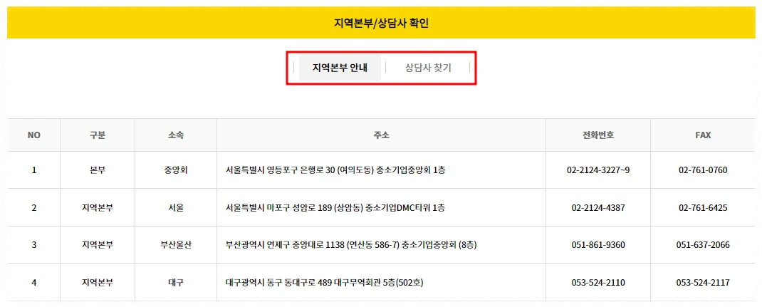 중소기업중앙회 지역본부 확인