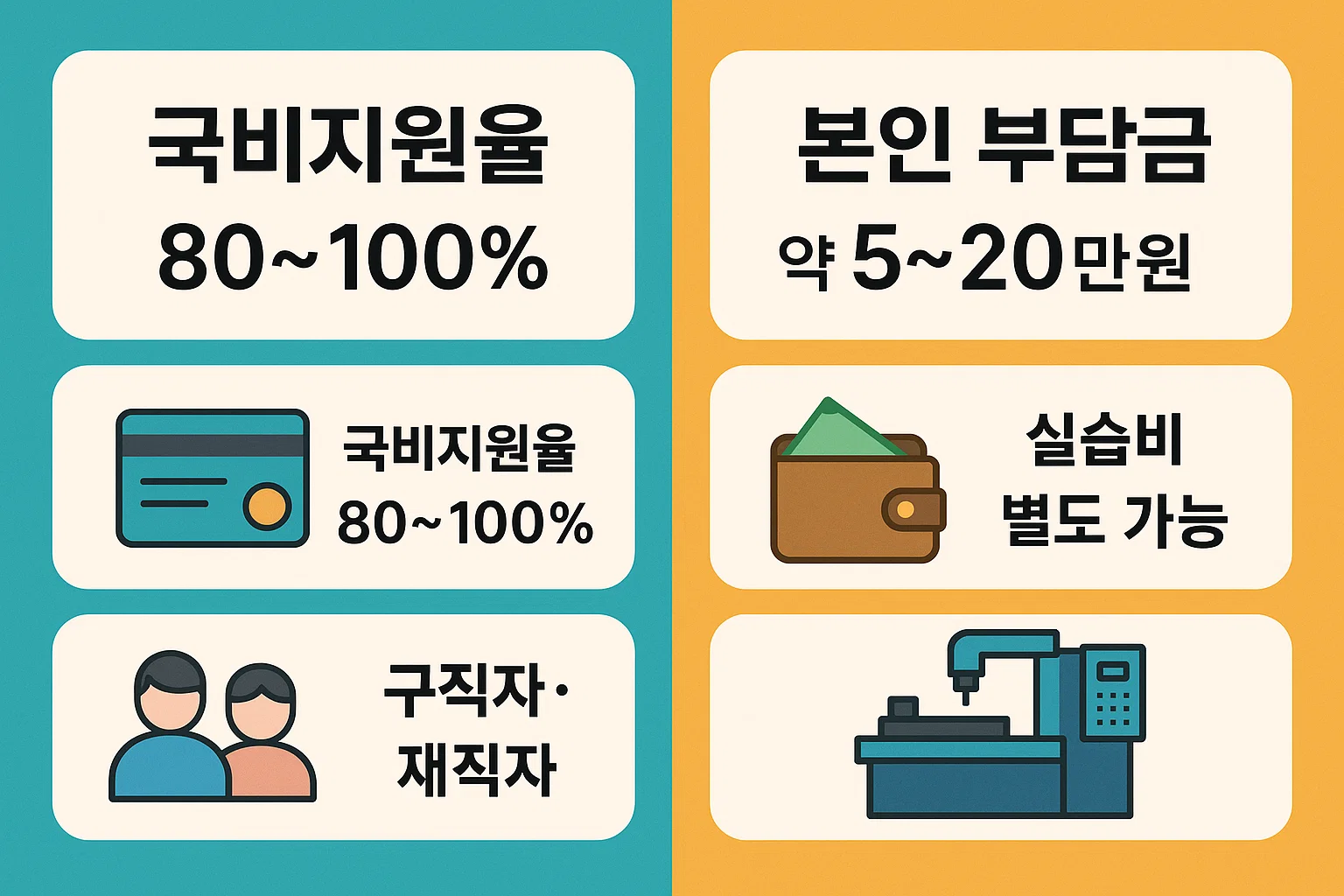 지게차운전기능사 국비지원 제도의 지원율과 본인부담금을 비교한 인포그래픽으로, 구직자와 재직자 대상 국비지원율(80~100%)과 실습비 추가 가능 여부 등 실질적인 비용 정보를 담은 이미지입니다.