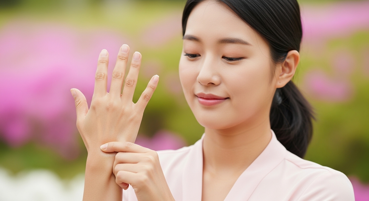 손등 피부를 살짝 잡아당기고 있는 여성