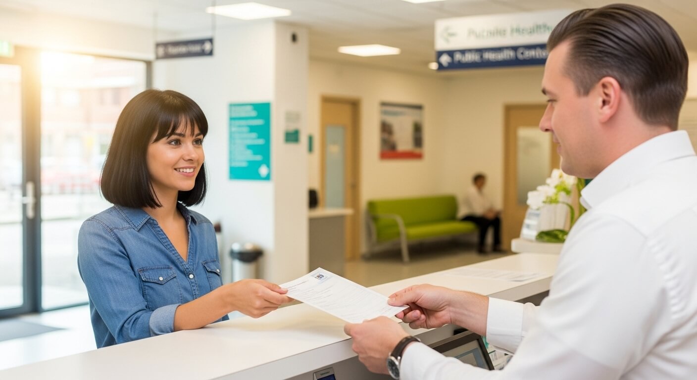 보건소 접수대에서 서류를 제출하는 여성