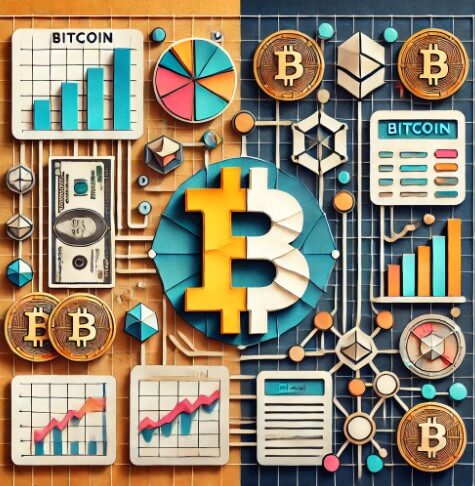 비트코인과 디파이를 표현한 콜라주 스타일 그림