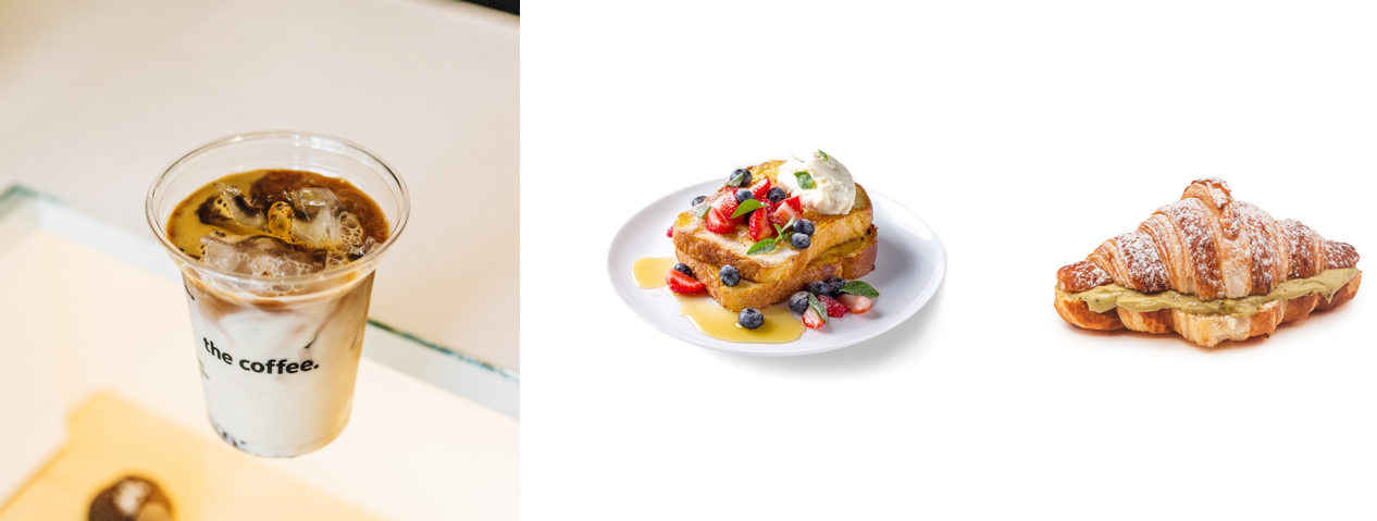 "더커피 시그니처 메뉴, 아이스 라떼와 프렌치 토스트, 크루아상 등 테이크아웃 커피 브랜드 the coffee.의 인기 디저트 세트"