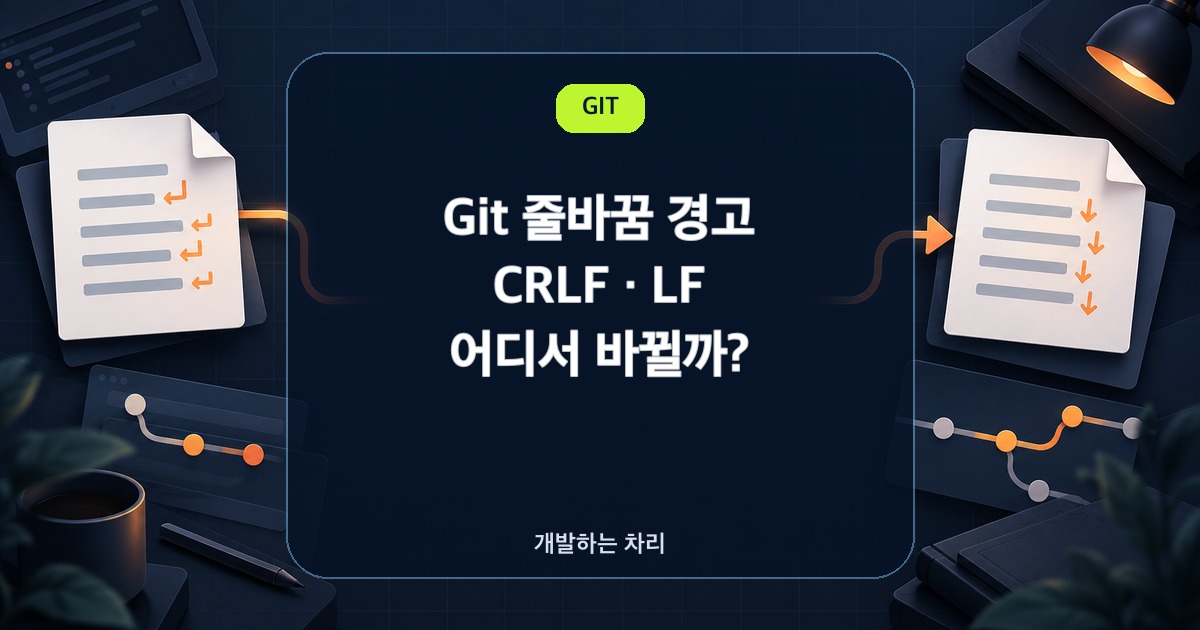 Git 줄바꿈 경고와 CRLF&middot;LF 변환 위치를 정리한 표지