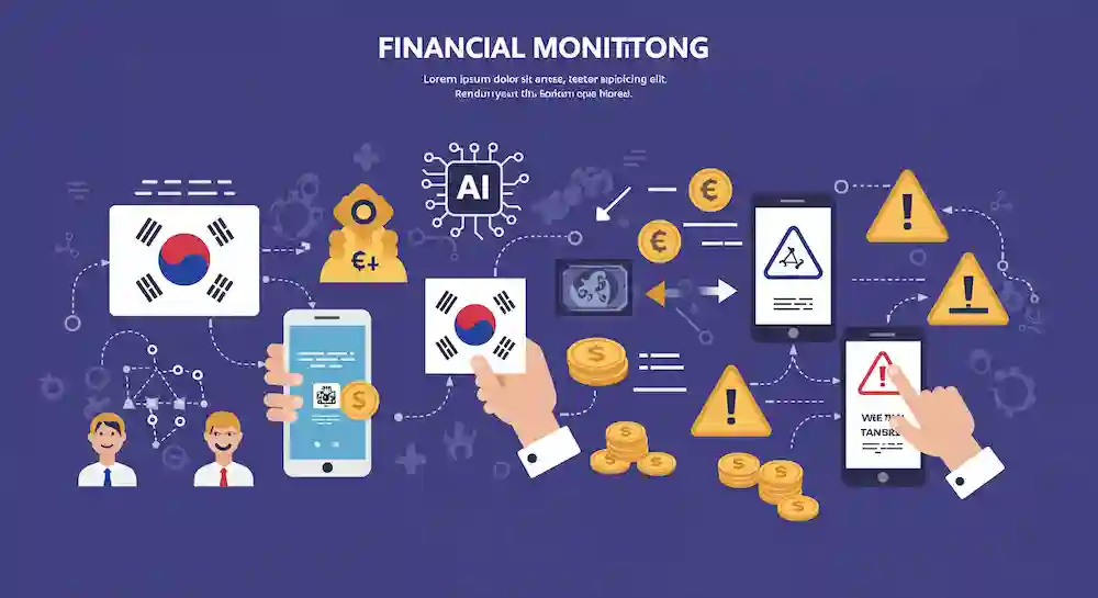 AI 감시와 전자 금융 추적 개념을 표현한 한국형 디지털 일러스트. 국세청, 돈 이체, 모바일 앱, 경고 아이콘이 함께 구성된 인포그래픽 스타일 이미지