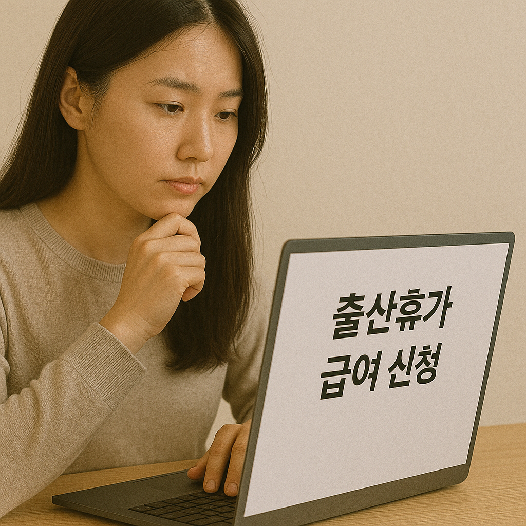 노트북으로 출산휴가 급여 신청 중인 여성