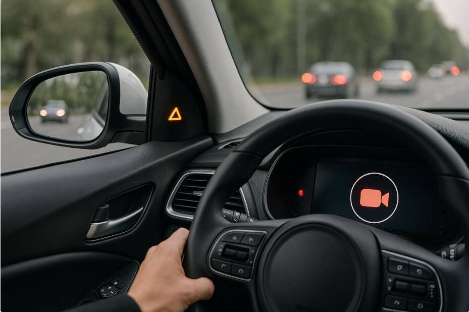 사이드미러 경고등과 대시보드 블랙박스 녹화 표시