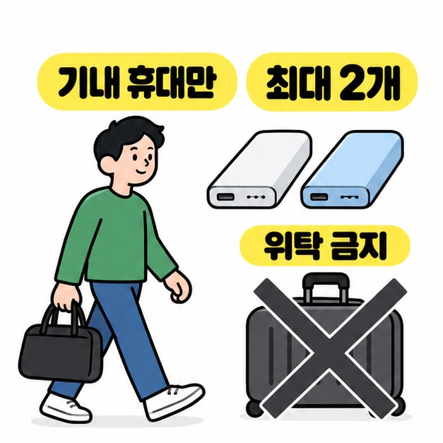 기내 휴대만 최대 2개 문구와 가방을 든 사람, 보조배터리 두 개, 위탁 금지 표시가 있는 여행 가방