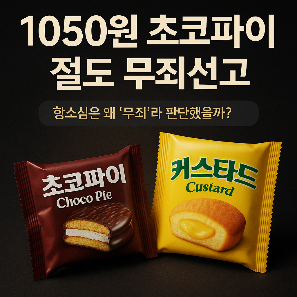 어두운 배경에 초코파이와 커스타드가 밝게 강조된 썸네일 이미지. 상단에 ‘1050원 초코파이 절도 무죄선고’ 문구가 배치됨.