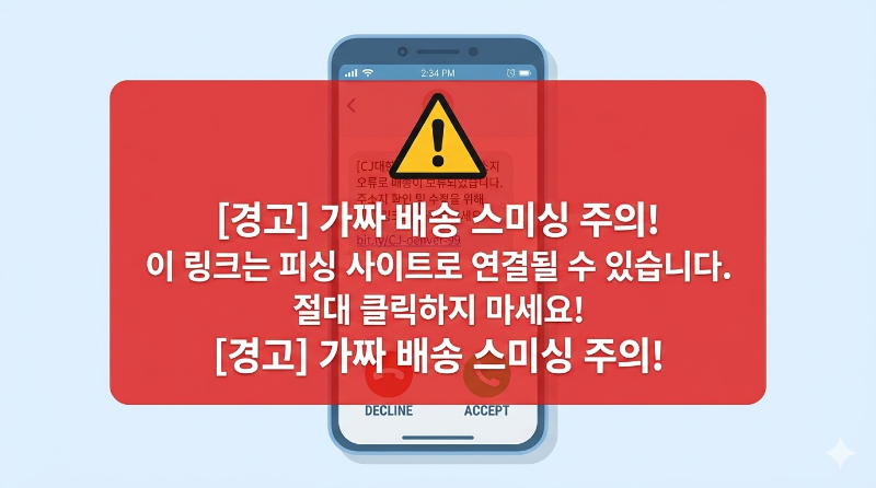 alt="스미싱 택배 문자 예시 화면 악성 링크가 포함된 가짜 택배 문자 메시지를 보여주는 스마트폰 화면