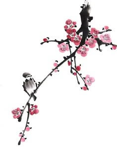 분홍빛-매화나무-가지에-참새가-앉아있는-모습을-그린-수묵화