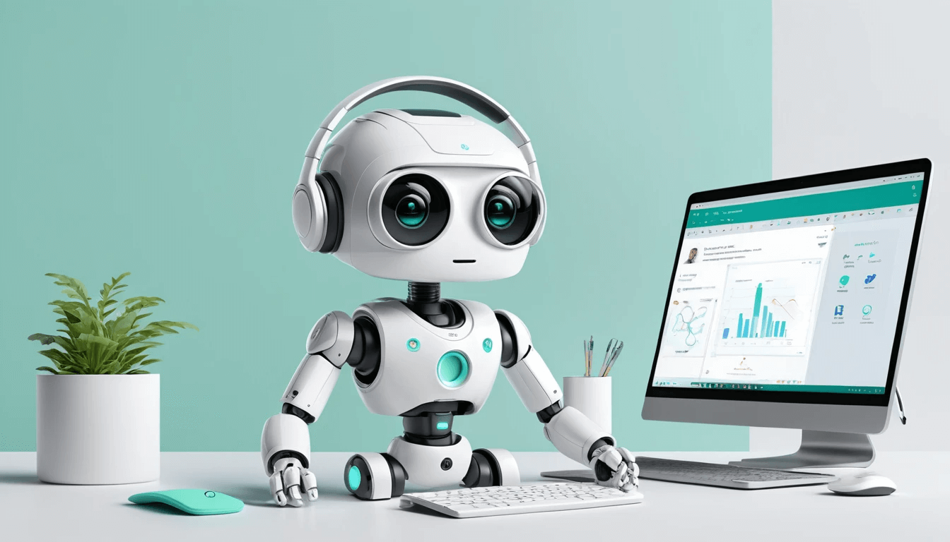 헤드폰을 착용한 귀여운 AI 로봇이 컴퓨터 앞에서 키보드를 사용하며 업무를 수행하는 장면. 책상 위에는 모니터, 식물, 마우스, 필기구가 놓여 있다