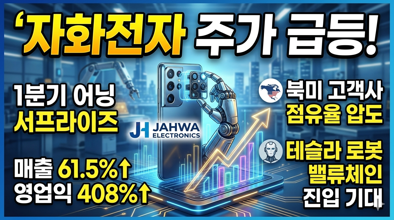 "자화전자 주가 급등 분석 썸네일. 미래지향적인 스마트 팩토리 배경에 자화전자(JAHWA ELECTRONICS) 로고가 새겨진 스마트폰과 로봇 팔이 정밀 부품을 조립하고 있다. 이미지 중앙에는 상승하는 그래프가 그려져 있으며, 상단에 '자화전자 주가 급등!'이라는 노란색 대형 텍스트가 시선을 끈다. 왼쪽에는 '1분기 어닝 서프라이즈', '매출 61.5%&uarr; 영업익 408%&uarr;'라는 놀라운 실적 수치가 적혀 있다. 오른쪽에는 북미 지역 아이콘과 함께 '북미 고객사 점유율 압도', 그리고 로봇 아이콘과 함께 '테슬라 로봇 밸류체인 진입 기대'라는 핵심 성장 동력이 강조되어 있다. 전체적으로 파란색과 금색의 역동적인 분위기를 연출한다."