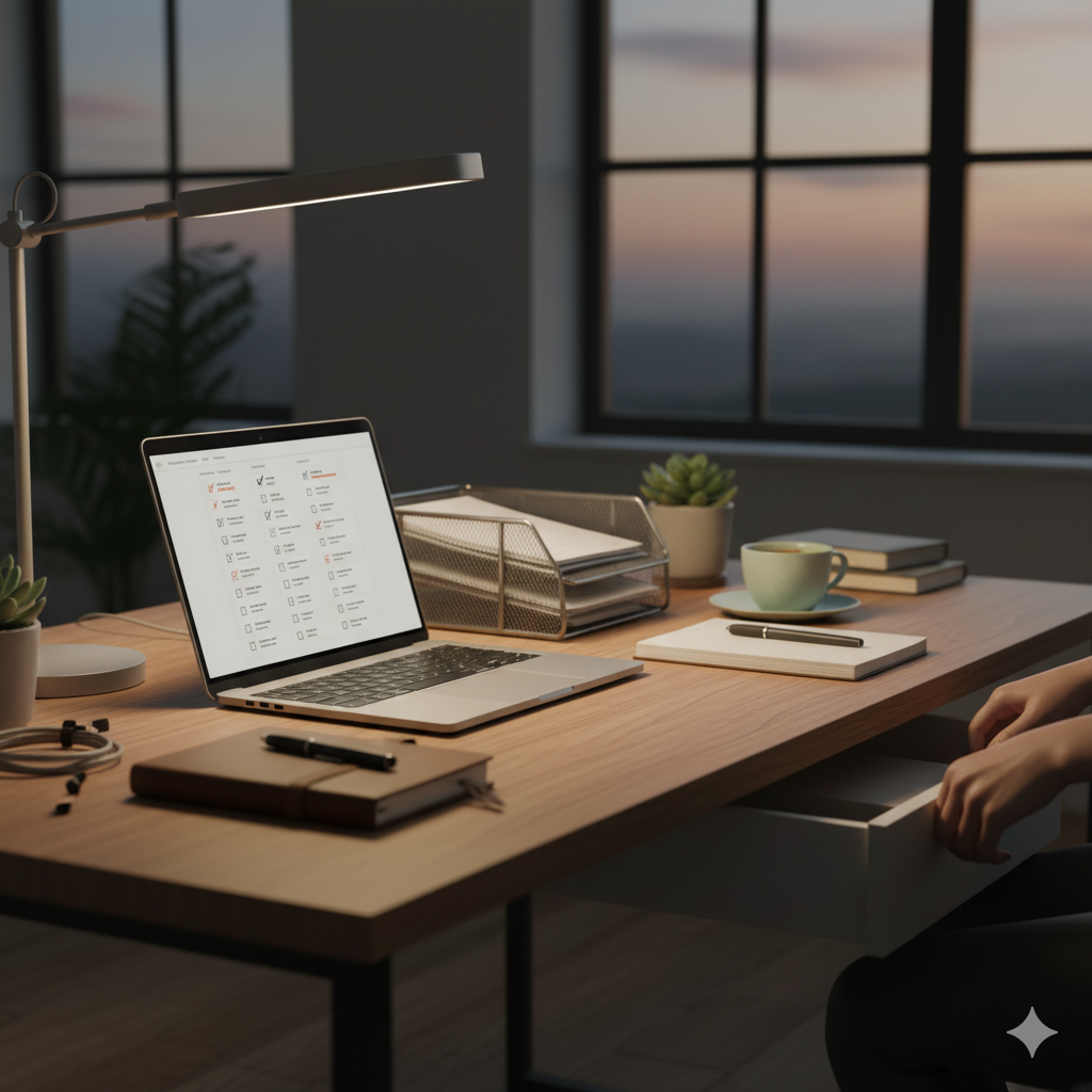 업무정리루틴을 통해 효율적인 마무리 습관을 실천하는 직장인의 책상 풍경 (이미지 생성:google)