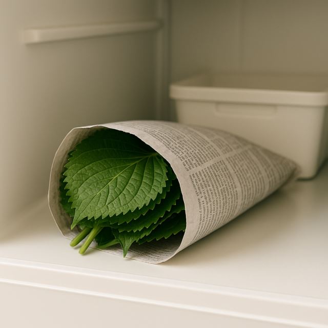 신문지로 감싼 깻잎 또는 무&middot;당근이 신선하게 보관되어있는 장면 이미지