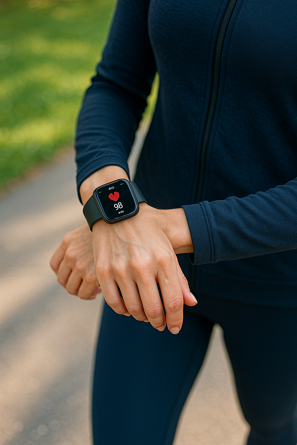 마트워치 화면(심박수·걸음수) 클로즈업과 발걸음이 보이는 하프 바디 이미지 걷기 운동 중 스마트워치로 심박과 시간을 확인하는 손목