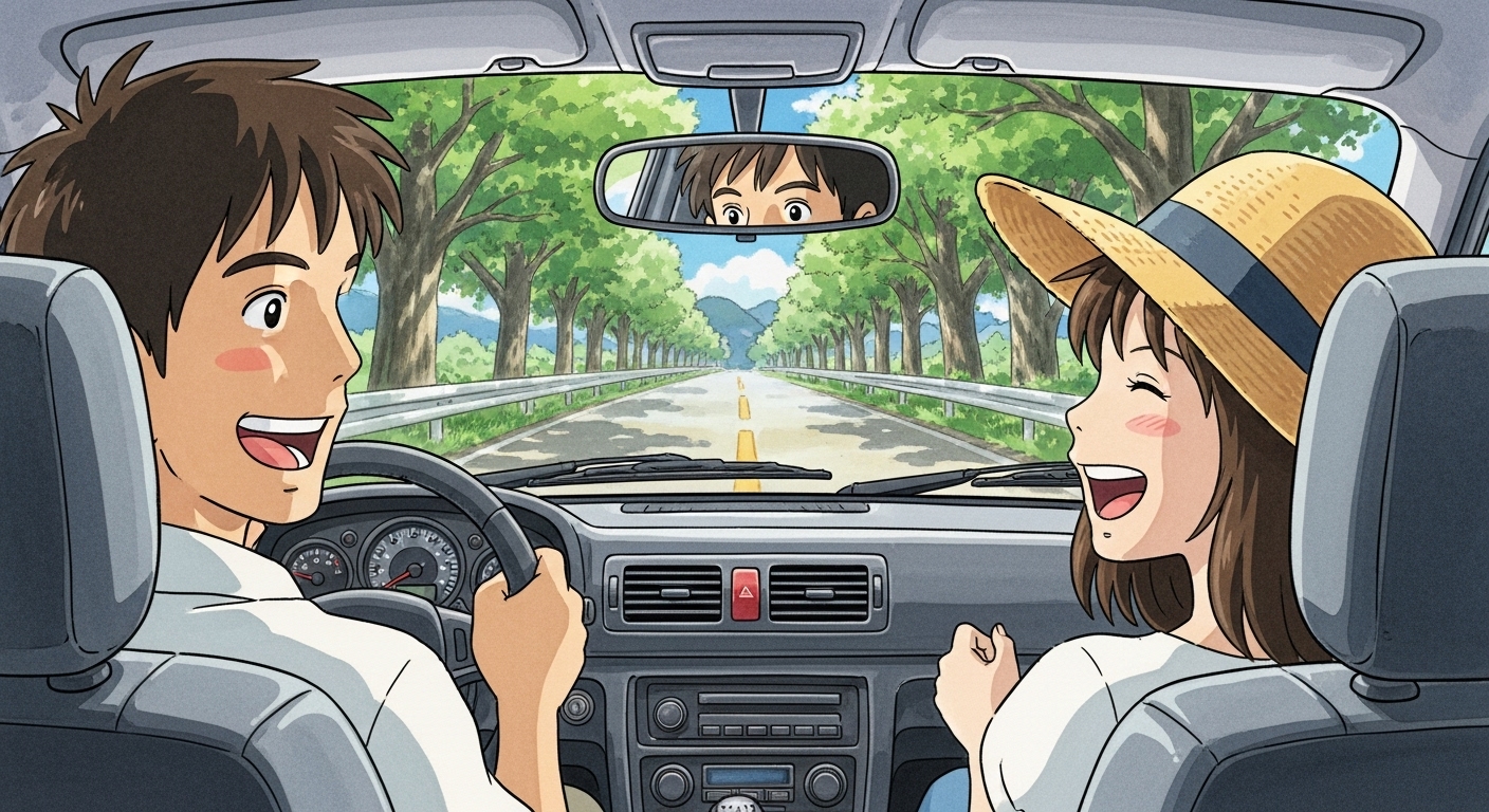 미사리로 향하는 아름다운 가로수길을 드라이브하며 신나게 웃는 30대 커플의 뒷모습, 지브리 애니메이션 스타일 일러스트