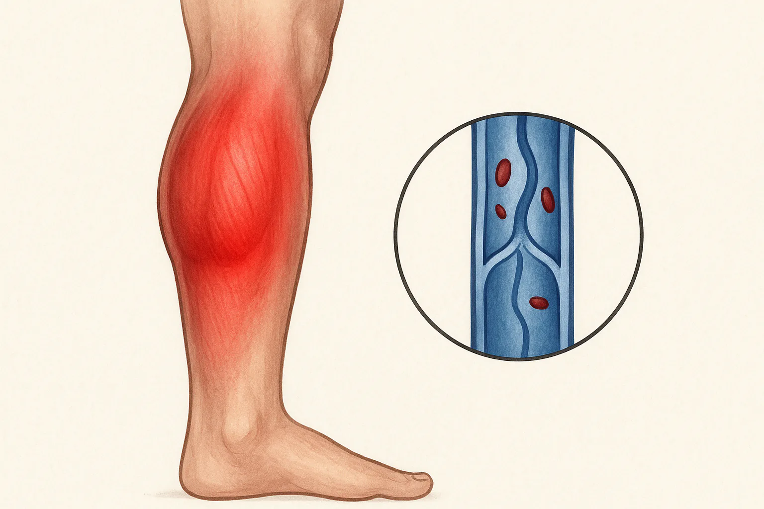 왼쪽 종아리가 붓고 붉게 변한 모습, 정맥 내부에 혈전