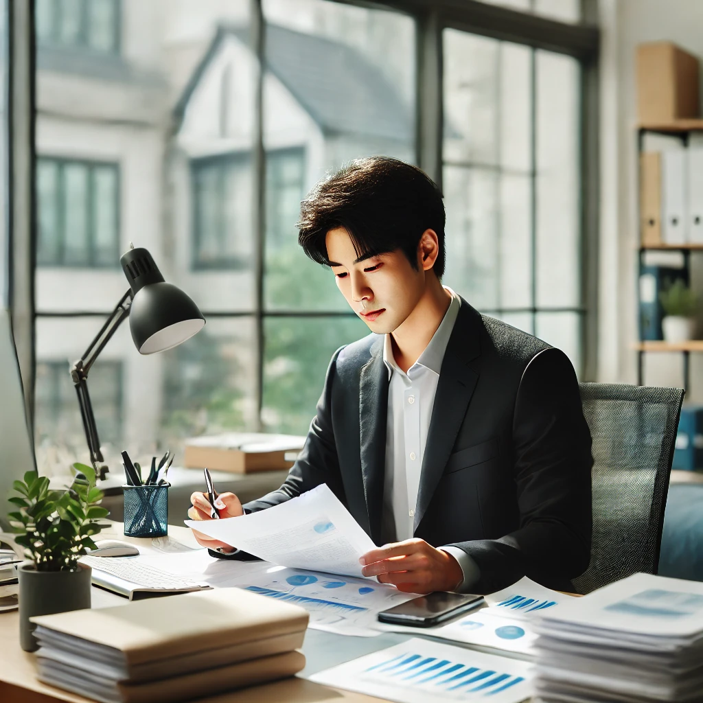 밝고 현대적인 사무실에서 서류와 계획에 몰두하며 미래 성장과 목표를 위해 일하는 남성