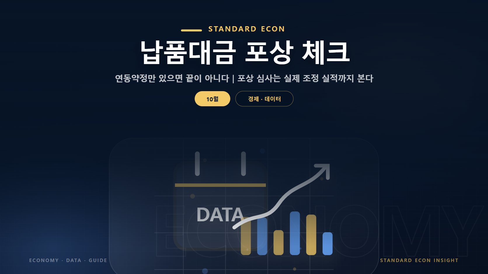 납품대금 포상 체크 문구와 경제 캘린더와 데이터 흐름 그래픽 요소를 담은 경제 · 데이터 경제 콘텐츠 대표 이미지
