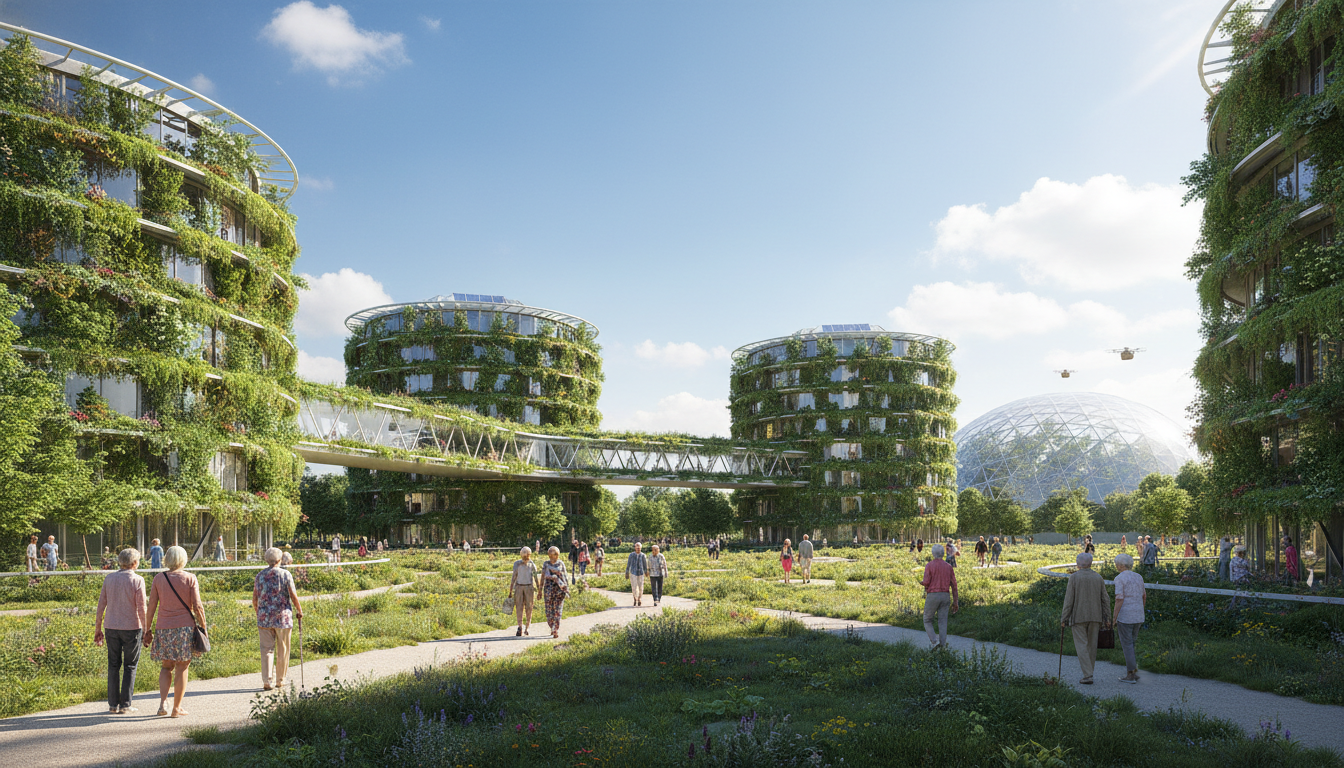 2026년형 친환경 실버스테이 단지 전경과 산책을 즐기는 시니어들의 행복한 모습