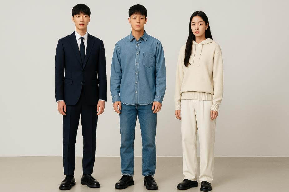 정장&middot;캐주얼&middot;후디룩을 입은 한국인 모델 3명 모습.