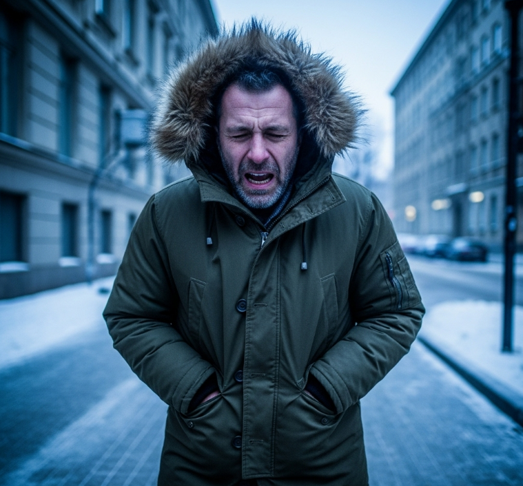 추운 날씨에 떨고 있는 사람의 모습