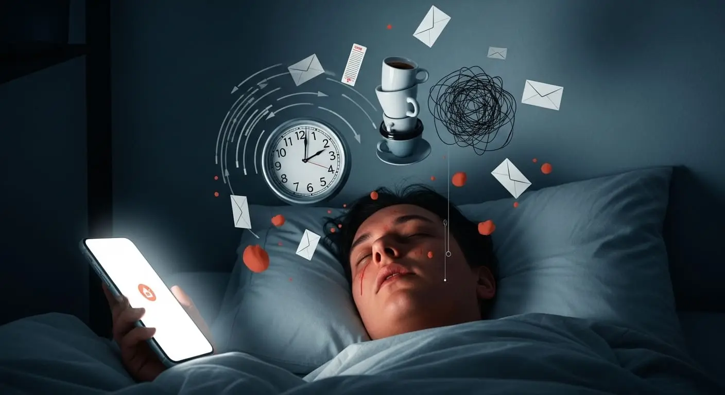 수면 부족으로 고통받는 사람의 모습, 잠들지 못하고 스마트폰을 보며 피곤해하는 현대인의 일상과 스트레스.
