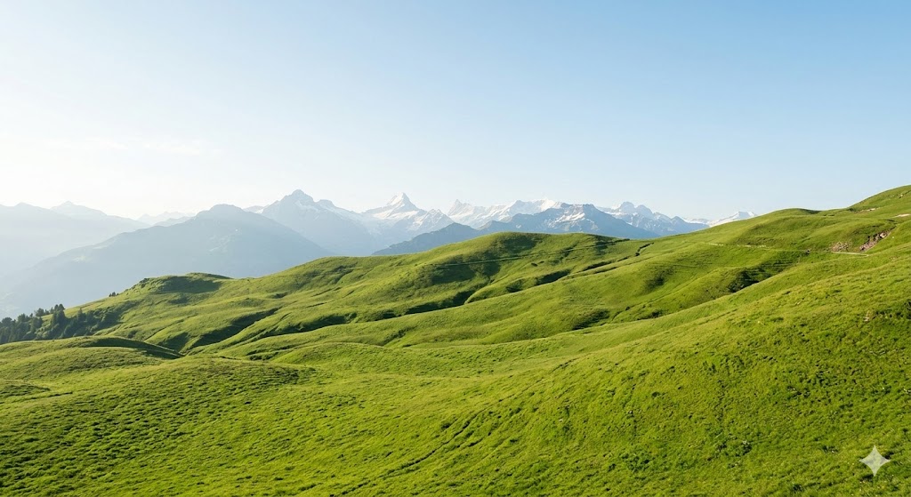 Ultra-wide landscape photograph of lush-green Swiss Alpine pastures. Snow-capped distant peaks under clear blue sky. No Human.