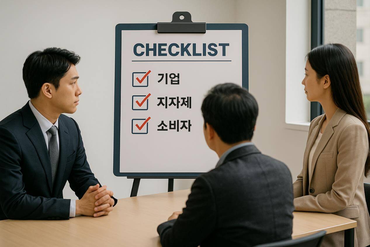 회의실에서 기업&middot;지자체&middot;소비자 체크리스트 검토 중인 모습.