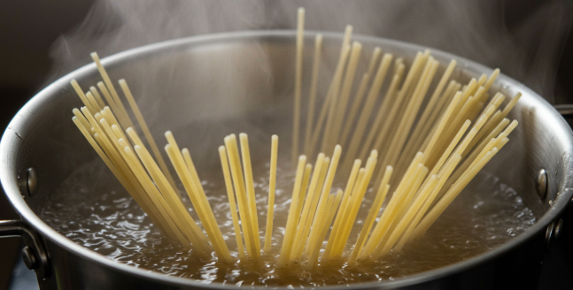 끊는 물에 소면을 넣고 삶고 있다.
